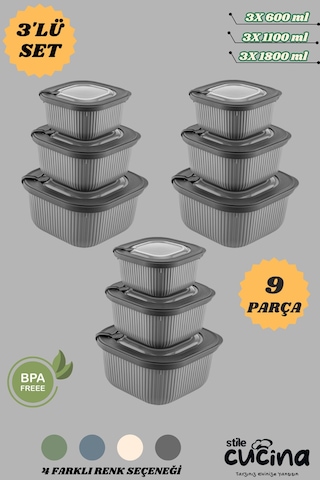 9'lu Mikrodalga Ve Difriz Kullanımına Uygun Vakumlu Vıp Saklama Kabı Çeyiz Seti 3x 600-1100-1800 Ml Antrasit
