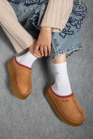 Polomia Comfort Winnipeg Kadın Winter Tazz İçi Suni Kürk Süet Poliüretan Taban Basic Günlük Bot Kışlık Terlik Camel
