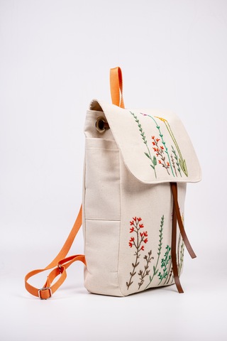 Fabric Craft Bag Sırt Çantas Kanvas Nakışlı Ayarlanabilir Krem Rengi Krem