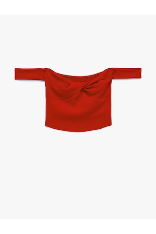 Koton Koton X Şahika Ercümen - Bürümcük Kumaş Kalp Yaka Düğüm Detaylı Omzu Açık Crop Top Kırmızı 6sak10451ek