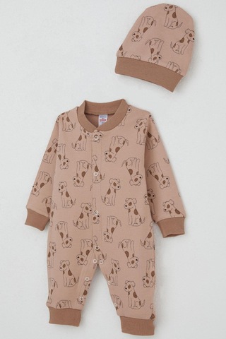 Breeze Erkek Bebek Tulum Sevimli Köpekçik Desenli 0-6 Ay, Açık Kahverengi Açık Kahverengi
