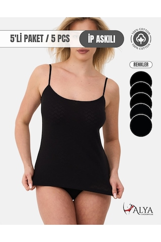 Alya Underwear %100 Pamuk Kumaşlı İp Askılı Kadın Atlet Jakarlı Ribana Kalp İşlemeli 5'li Paket Beyaz Siyah