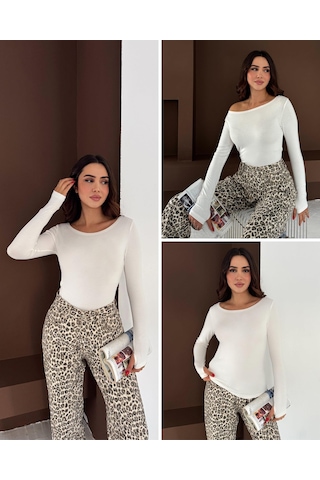 Elaxi Kadın Kayık Yaka Parmak Geçmeli Uzun Kollu Full Likralı Pamuk Viskon Buzzy Body Tişort Beyaz