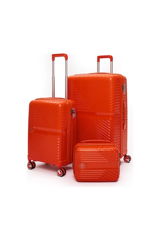 Elatae Exclusive Pro Polipropilen Kırılmaz 3'lü Valiz Seti Büyük - Kabin Boy Ve Makyaj Çantası Turuncu 5239