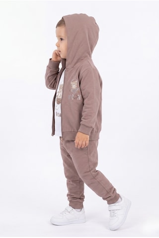 Toontoy Kids Toontoy Erkek Çocuk 3'lü Eşofman Takımı Uzun Kollu Bisiklet Yaka Nakışlı T-shirt - Kapüşonlu Fermuarlı Hırka- Beli Paçası Lastikli Eşofman Altı 25045 Koyu Kahverengi