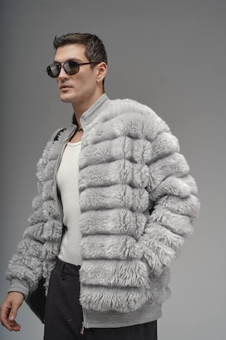 Akçaylar Oversize Fermuar Kapamalı Dik Yaka Astarsız Peluş Ceket Gri