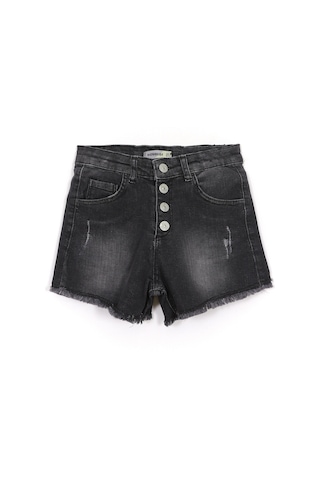 Cep Ve Düğme Detaylı Siyah Renk Kız Çocuk Eskitme Paça Kot Şort 001-0002056 Siyah