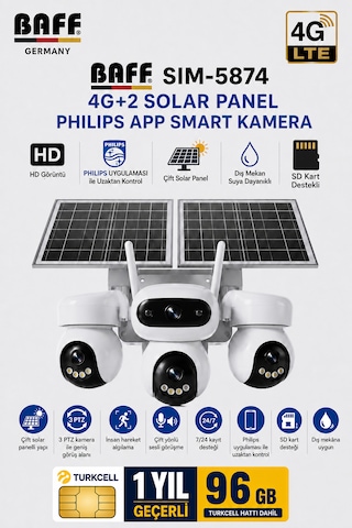 SIM-5874 Çift Solar Panelli 4g Sım Kartlı 3 Lensli Ptz Akıllı Dış Mekan Güvenlik Kamerası Hd Suya Dayanıklı Ip Kamera + 96 GB SIM Kartı Dahil