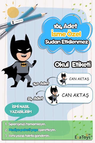 Batman Temalı Özel İsminiz Yazılı Okul Etiketi Diğer