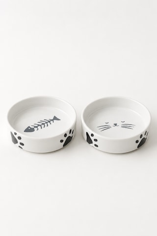 2 Li Seramik Kedi Köpek Mama Ve Su Kabı 13 Cm 300 Ml Pati Ve Kılçık Desenli
