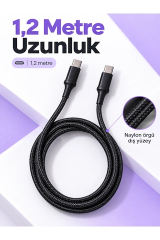 Telefon Ve Tablet İçin Type C To Type C Örgülü Şarj Kablosu