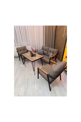 Houseart Balkon ,bahçe , Teras , Cafe ,salon , Metal Kanepe , Metal Kanepe Koltuk ,oturma Takımı 2-1-1 Masalı Takım Cappuccino