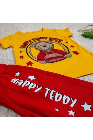 Momikon Erkek Çocuk Happy Teddy Boys Yazılı Pamuklu Takım Sarı