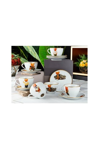 King Bear Porselen Ayıcıklı Çay Fincan Seti, 2 Kişilik, Altlıklı, Modern Tasarım, Beyaz Çok Renkli