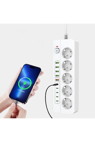Isıya Dayanıklı Power Tuşlu 5'li Grup Priz 5x Usb 5x Type-c Çıkışlı Priz 2 Mt Kablolu 0