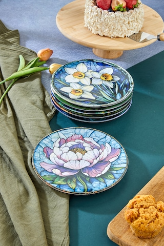 6 Lı Çiçek Desenli Servis Tabağı Seti 27 Cm Yemek, Pasta Ve Tatlı Tabağı Çok Renkli