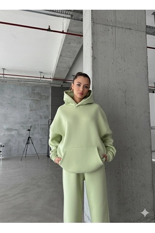Kazax 3 İplik Şardonlu Kapşonlu Sweatshirt Mint P510436 Mint
