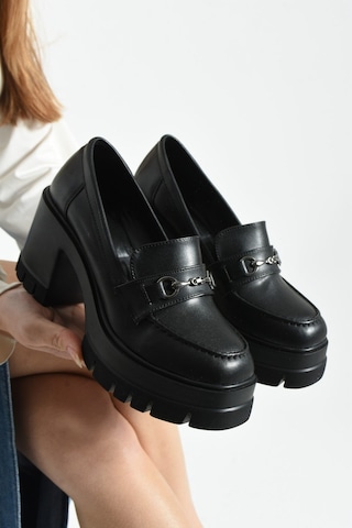 Dabab Shoes Chonora Kadın Siyah Cilt Zincir Detaylı Kalın Taban Topuklu Loafer Siyah - Siyah