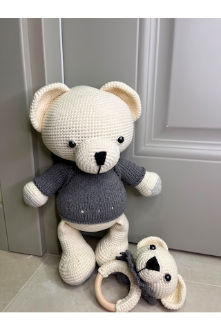 Amigurimi Gri Kazaklı Oyuncak Ayıcık Ve Çıngırak&bebek Hediyesi 30 Cm