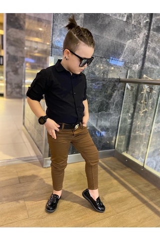 Modavals Erkek Çocuk 3 Parça Gabardin Pantolon & Gömlek & Kemer Kombin-siyah-745236981 Taba