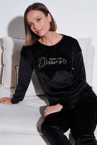 Lela Standart Fit Bisiklet Yaka Yumuşak Kadife Bayan Pijama Takımı 6094202 Siyah