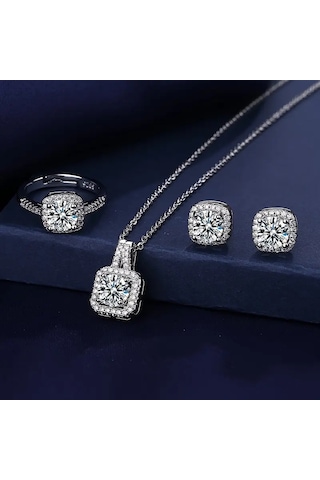 Baget Taşlı, Zirkon Taş İşlemeli Kalp Takı Seti Kolye Küpe, Yüzük , Yeni Yıl Gümüş