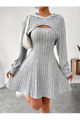 Kadın Uzun Kollu Kapüşonlu Ceket Üst Ve Askısız Kare Yaka A Kesim Şardonlu Kaşkorse Elbise Gri