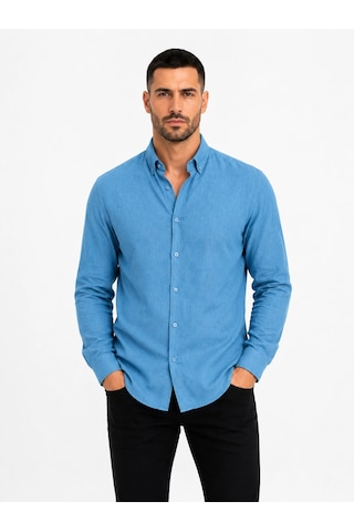 Wear Vexel Erkek Keten Kumaş Uzun Kollu Regular Fit Gömlek - Petrol Çok Renkli