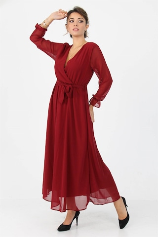 Neşeli Butik Kadın Kruvaze Yaka Bağlama Detaylı Yeni Sezon Uzun Şifon Elbise Kts003 Bordo