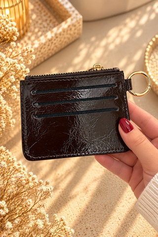 Elpida Bags Kadın Anahtarlıklı Fermuarlı Deri Görünümlü Kartlık Acı Kahverengi