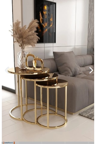 Ecoline Desing Gold Metal Kırılmaz Bronz Ayna 3'lü Zigon Sehpa Bronz