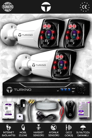 Turkno 3 Kameralı Karia 3 Dış Kamera Set 250 GB HDD Full HD Gece Görüşlü Güvenlik Kamerası Sistemi