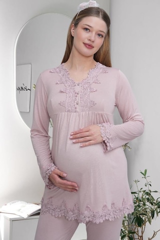 Mecit Pijama Mecit 1501 Bayan Hamile Lohusa Gül Kurusu Uzun Kol Pijama Takımı