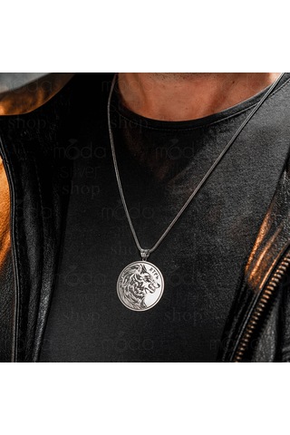 925 Ayar Gümüş Göktürk Türk Yazılı Bozkurt Tasarım Yuvarlak Erkek Kolye Gümüş