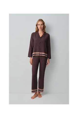 Suwen Monogram Gömlek Yaka Pijama Takımı Wsh1051014291 Kahverengi