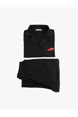 Koton Gömlek Yaka Uzun Kollu Biber Nakış Detaylı Pijama Takımı Siyah 6wlk40126mk Siyah