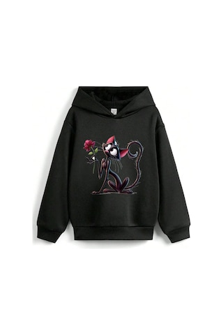 Stil X Sevimli Kediler Baskılı Kapüşonlu Çocuk Sweatshırt Siyah-2