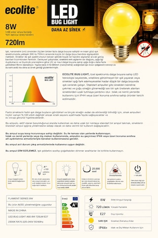 Ecolite Led Bug Light 8w Sarı Işık Sinek Azaltıcı Led Ampul Beden-Renk Tek Beden-Sarı