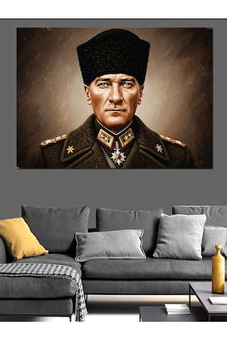 Yağlı Boya Kalpak Başlıklı Atatürk Portresi Dekoratif Kanvas - Mdf Ahşap Tablo