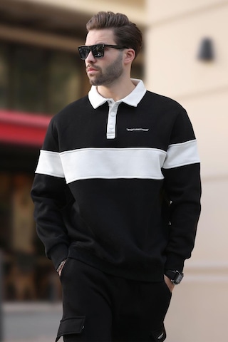 Madmext Siyah Polo Yaka Renk Bloklu Erkek Sweatshirt 7072 Siyah
