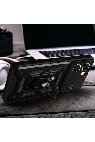 Techaks Vivo Y18 Kılıf Magnetik Standlı Kamera Korumalı Zore Sürgülü Vega Kapak - Mavi Mavi