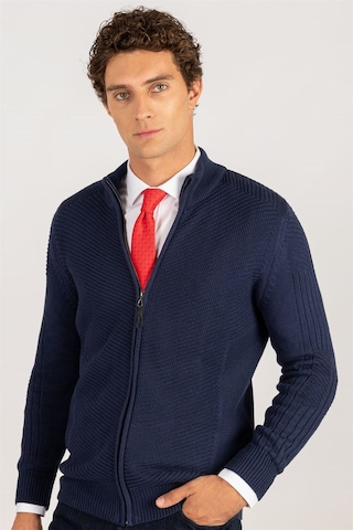 Tudors Erkek Slim Fit Kendinden Desenli Lacivert Hırka-23219 Lacivert