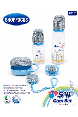 5'li Cam Biberon Seti - Özel Taş Süslemeli Dizayn - 250 Ml Biberon-125ml Biberon - Emzik - Emzik Askısı - Emzik Kutusu - Özel Kutulu - Bebek Hediyelik - Plastik ve Cam Set