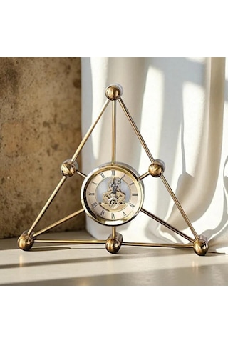 Üçgen Moleküler Tasarım Iskelet Mekanizmalı Gold Metal Masa Saati 35x30 Cm - Çarklı Lüks Ofis Çalışma Masası Aksesuarı