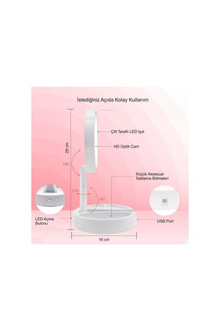 Plentiful 10x Büyütme Çift Taraflı Katlanabilir 21 Led Işıklı Makyaj Aynası Usb + Pil Beyaz