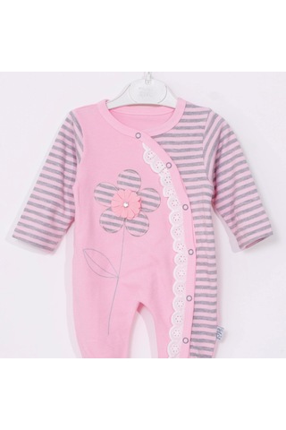 Candar 3-9 Ay Kız Bebek Tulumu Çiçek Nakışlı Ayaklı Pembe Pembe