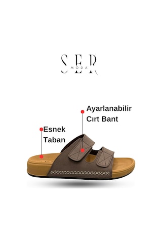 Sermoda Erkek Terlik - Cırtlı Bantlı Rahat Kalın Tabanlı Deri Erkek Terlik Kahve