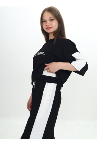 Kız Çocuk %100 Pamuk London Baskılı Oversize Garnili Truvakal Kollu Eşofman Takımı-293-eşt-0010 Siyah