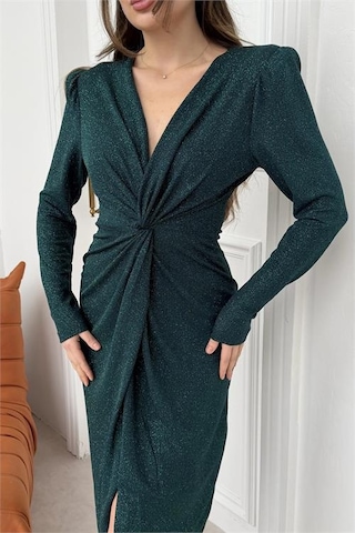 Neşeli Butik Kadın Yeşil Anvelop Büzgülü Simli Premium Midi Elbise Nbelb08 Yeşil