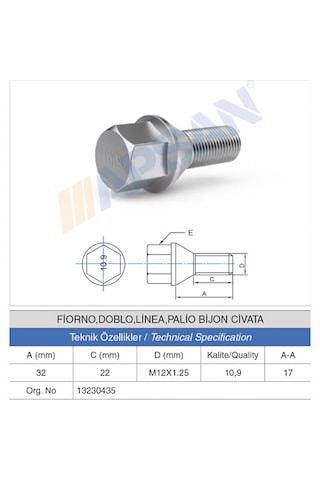 20 Adet Fiorino/doblo/linea/palio Bijon Cıvatası 20 Adet Fiorino/doblo/linea/palio Bijon Cıvatası